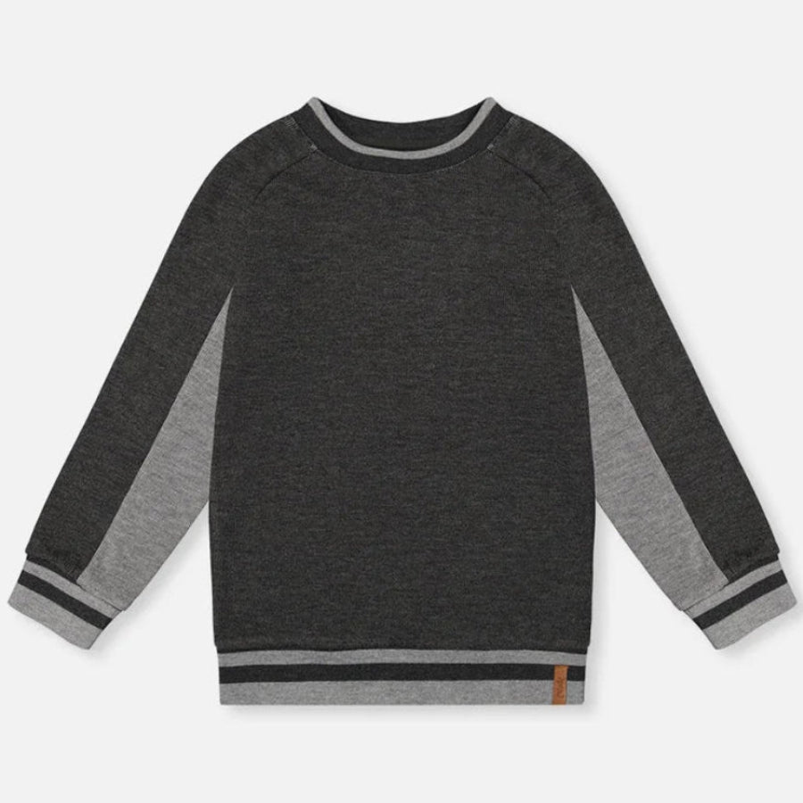 A dark gray heather long-sleeve crewneck sweatshirt with contrasting medium gray panels on the sleeves and striped ribbing at the cuffs and hem, shown flat on a light gray background.