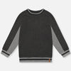 A dark gray heather long-sleeve crewneck sweatshirt with contrasting medium gray panels on the sleeves and striped ribbing at the cuffs and hem, shown flat on a light gray background.