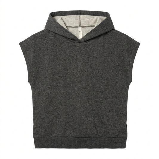 A dark gray heather cropped hooded sweatshirt with cap sleeves