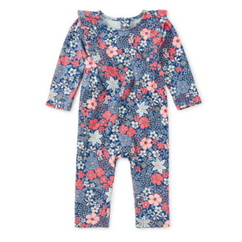 Floral-patterned baby romper on a white background