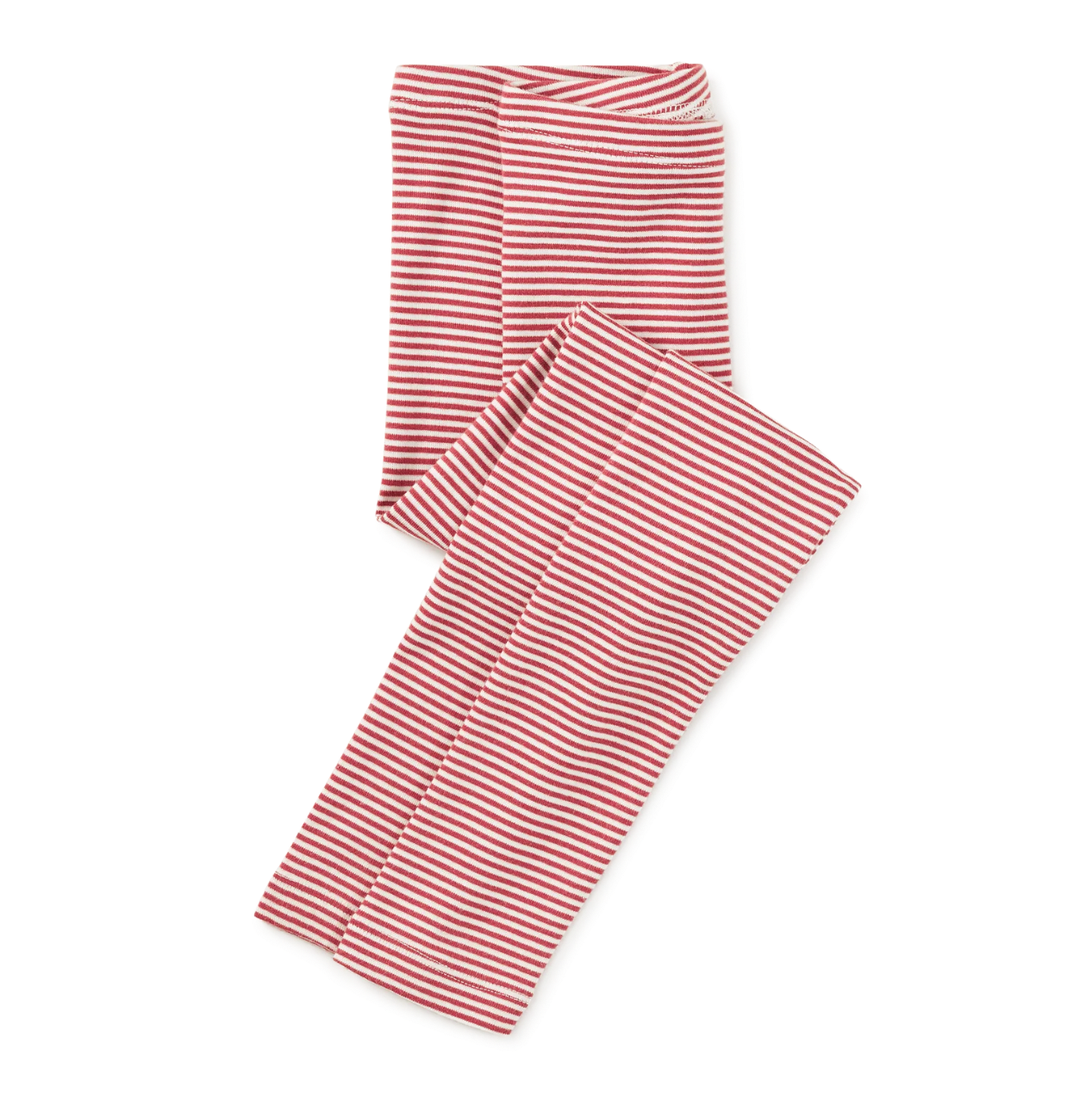 Red and white striped fabric pants folded neatly on a white background.