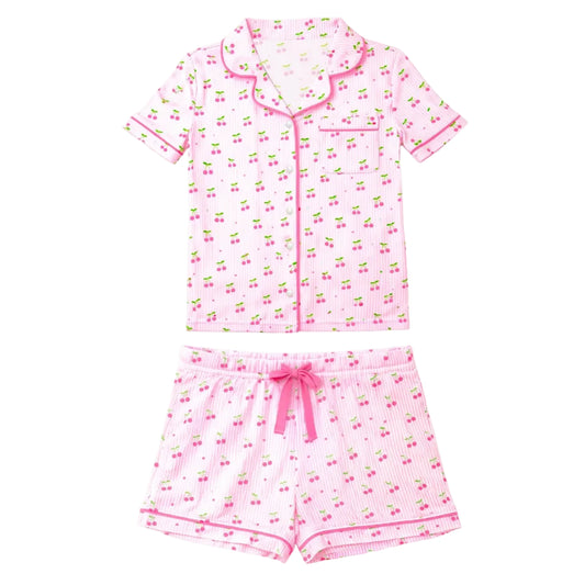 Cherry and Stripe pattern two-piece short sleeve pajama set