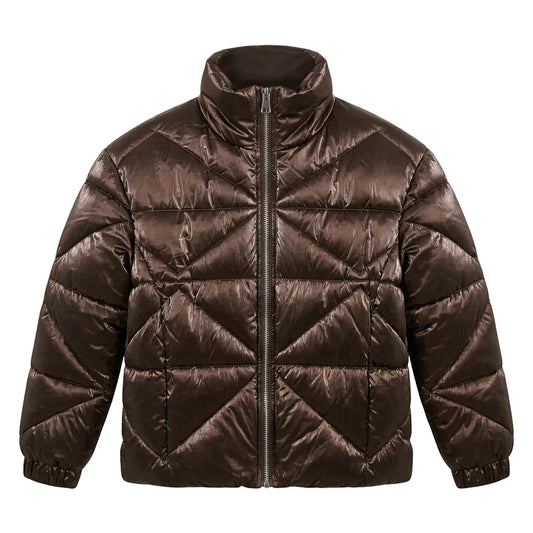 A shiny dark brown puffer jacket with a high collar and front zipper, 