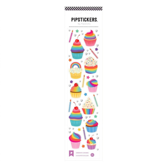 Rainbow cupcake stickers with colorful frosting and foil accents