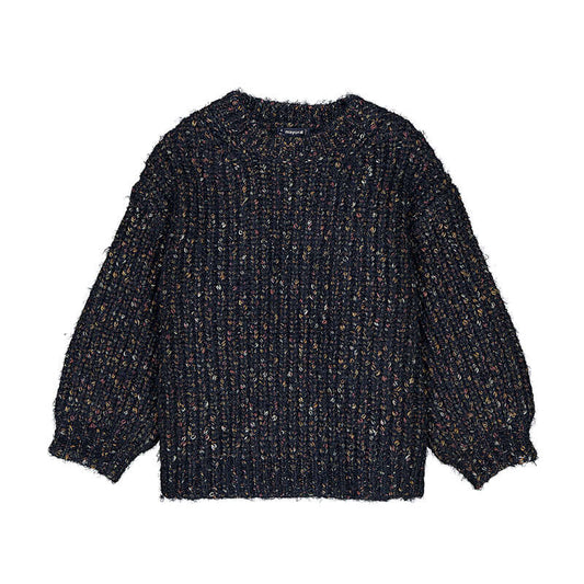 A dark navy blue chunky knit sweater with subtle multicolor flecks, featuring a crew neck and long balloon sleeves, laid flat against a white background.