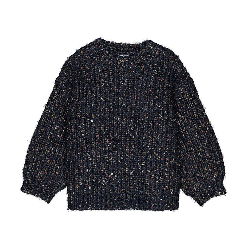 A dark navy blue chunky knit sweater with subtle multicolor flecks, featuring a crew neck and long balloon sleeves, laid flat against a white background.