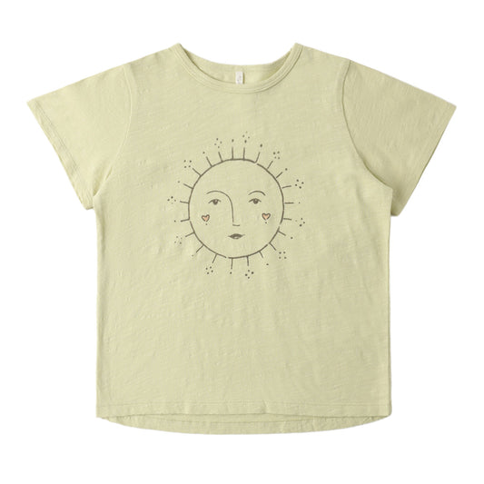 Citron green t-shirt with a sun face design 