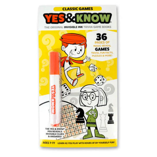 Packaging of 'Yes & Know' game set with a pen and cartoon characters on a white background