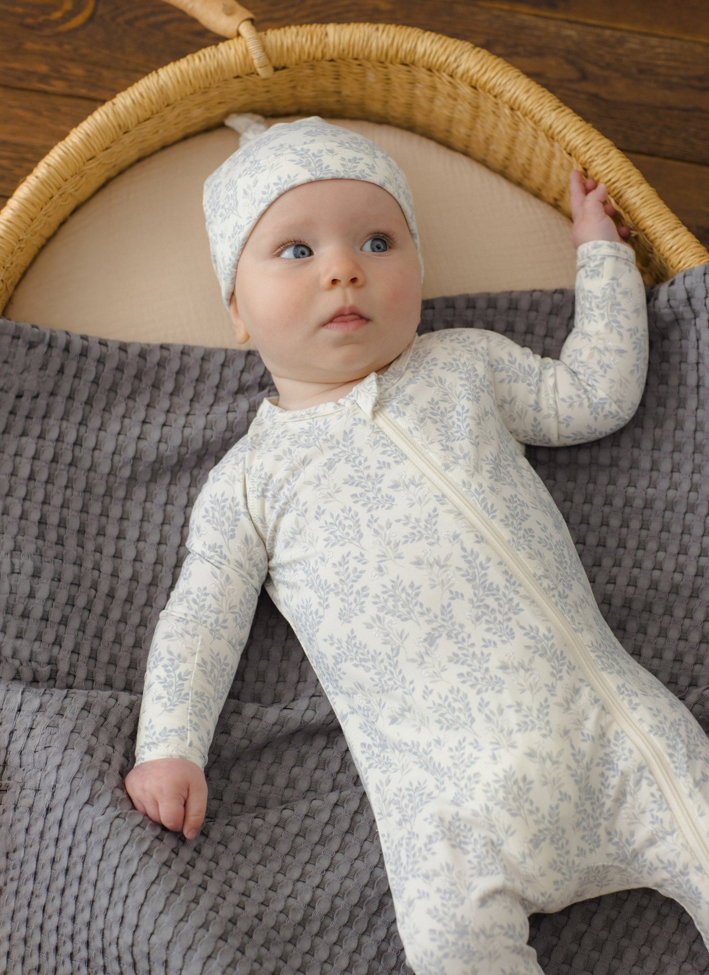 Cloud Floral Bamboo Zip Footie styled on baby