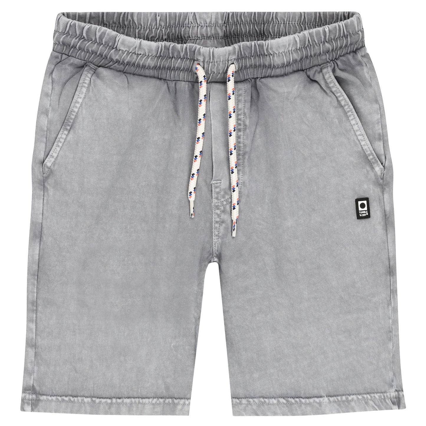 Gray shorts with a drawstring on a white background