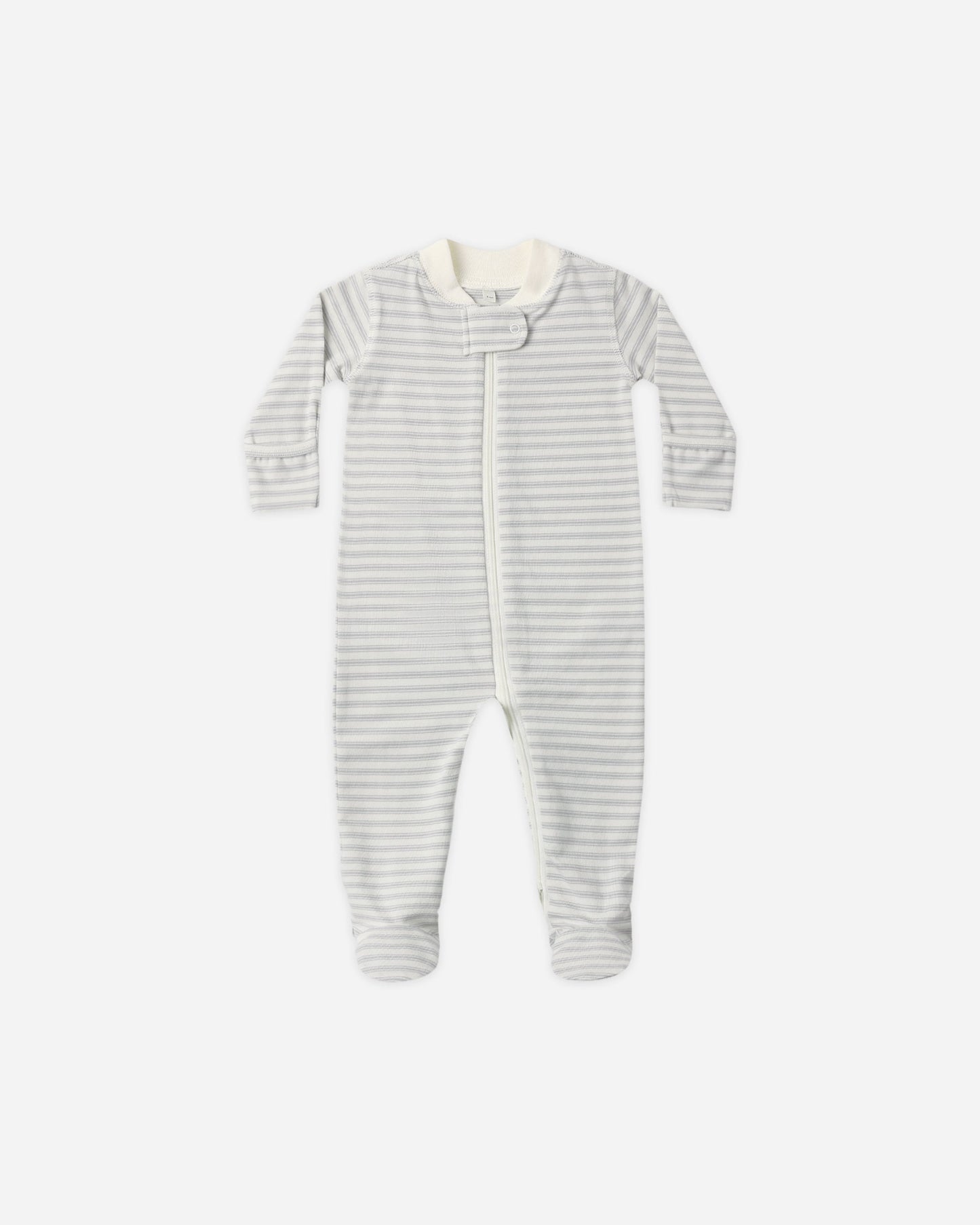 Cloud Stripe Zip Footie flat lay - Quincy Mae organic cotton zip footie, cloud stripe print
