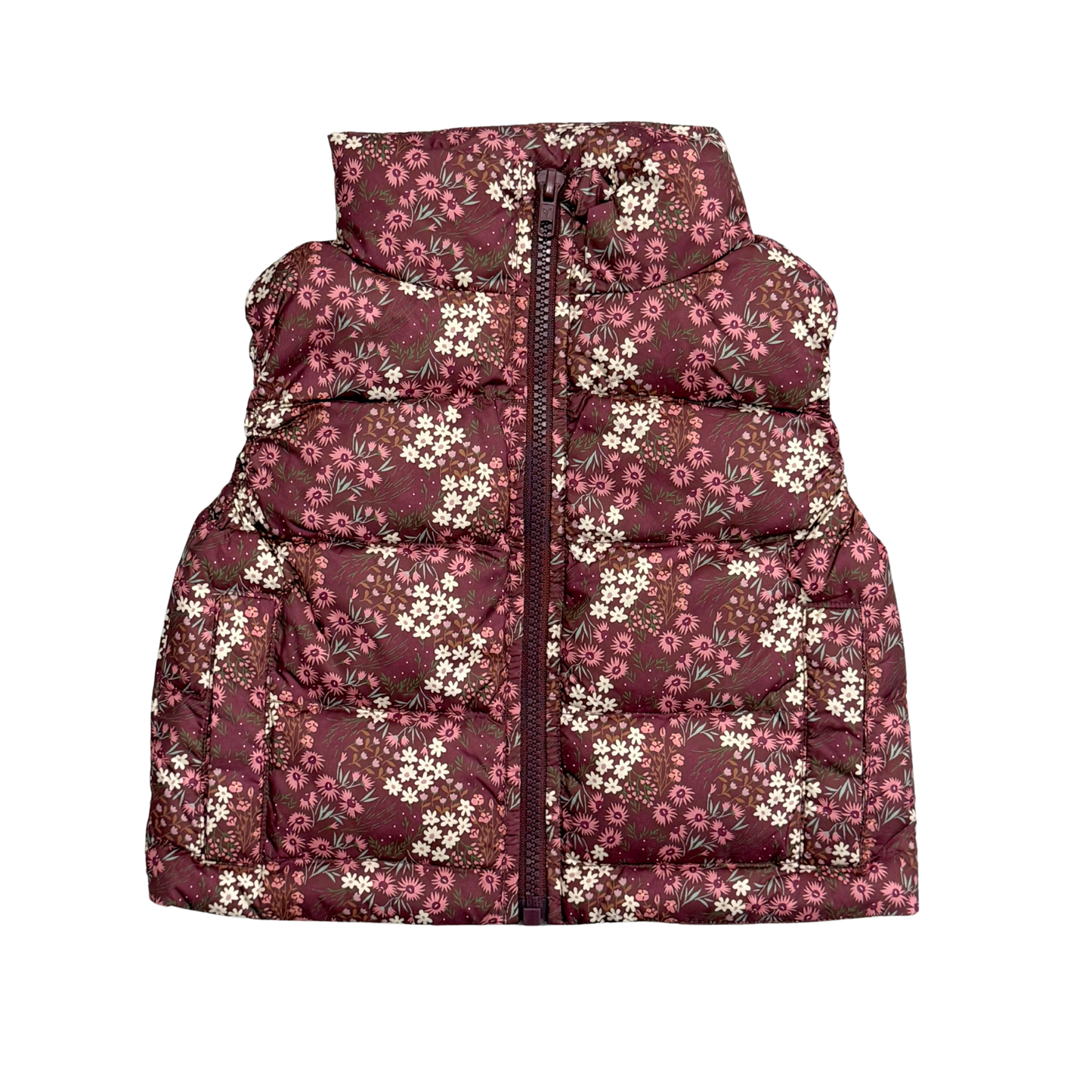 Mauve floral puffer vest with white and pink flowers. 