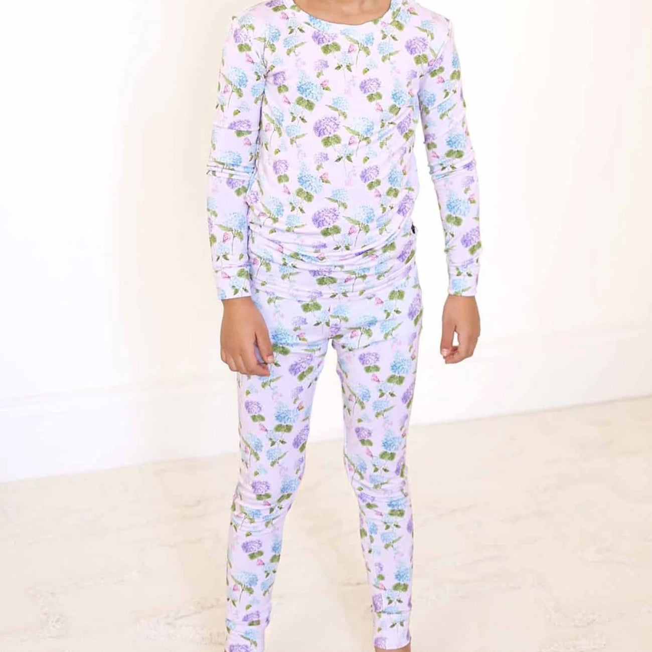 Long sleeve Pj set with purple and blue hydrangea flower print