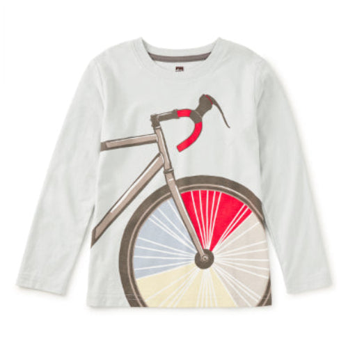 Long-sleeve shirt with a bicycle graphic on a white background