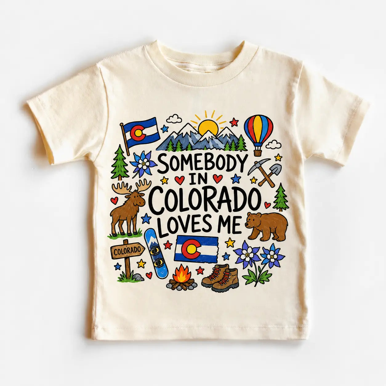 Children's t-shirt with Colorado-themed graphics and text on a white background