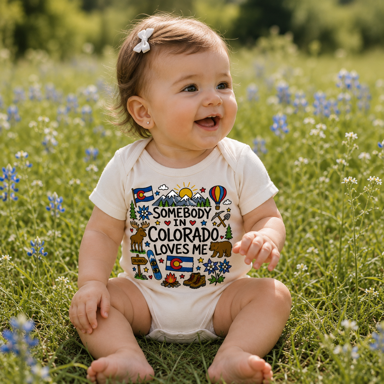 Baby wearing a off white colored oneside with Colorado theme graphic and that says Somebody in Colorado Loves Me 