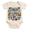 Baby onesie with Colorado-themed graphics and text on a white background