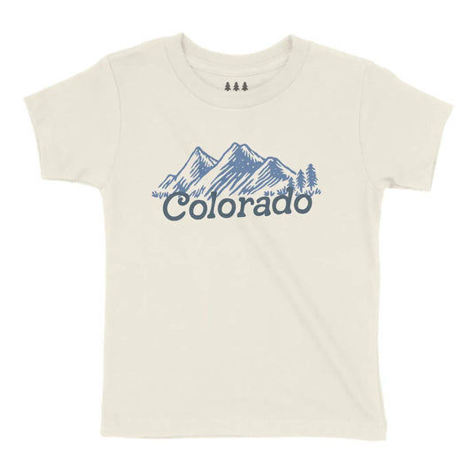 Beige t-shirt with blue mountain and tree graphic and 'Colorado' text on a white background