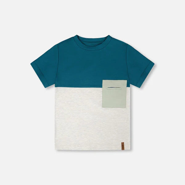 Teal and gray color block tee with sage pocket
