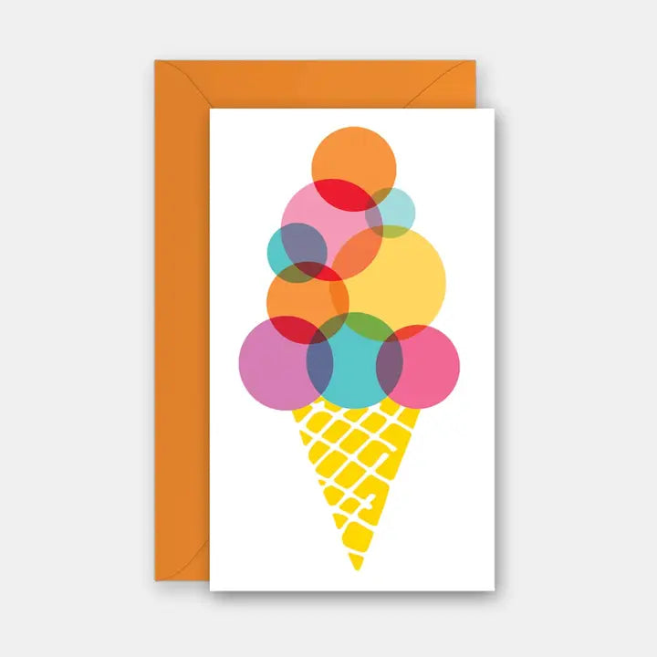 Colorful ice cream cone design on a white card with an orange envelope.