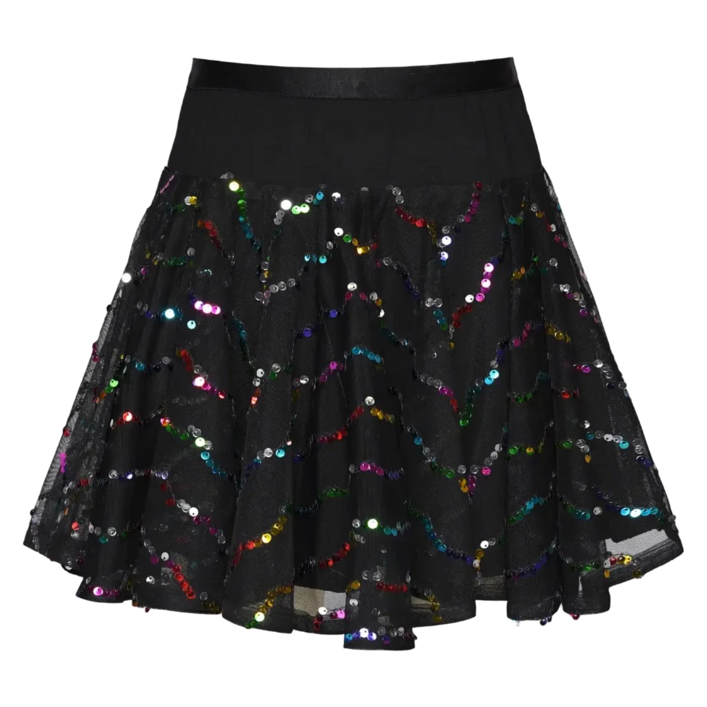 Black skirt with colorful sequins on a white background