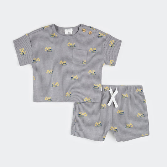 Gray colored waffle tee shirt and short set with construction vehicle pattern