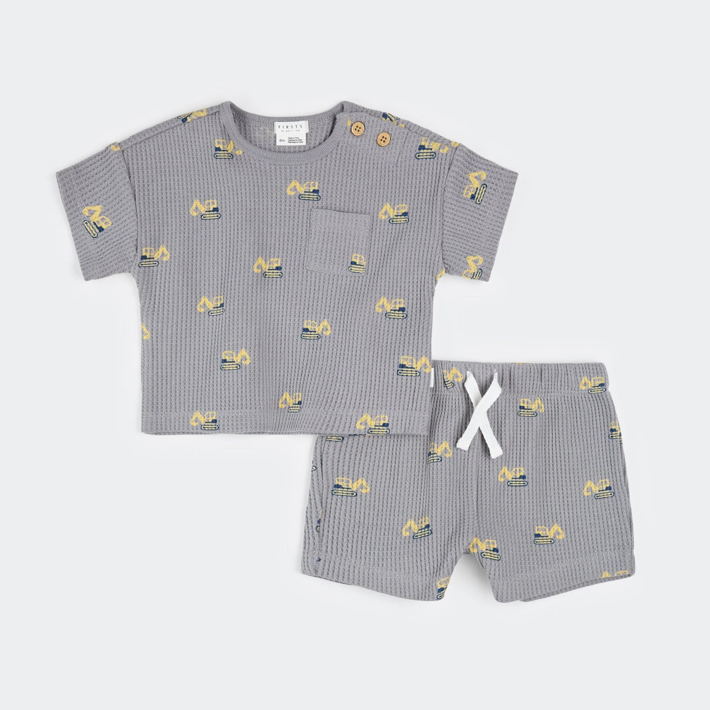 Gray colored waffle tee shirt and short set with construction vehicle pattern