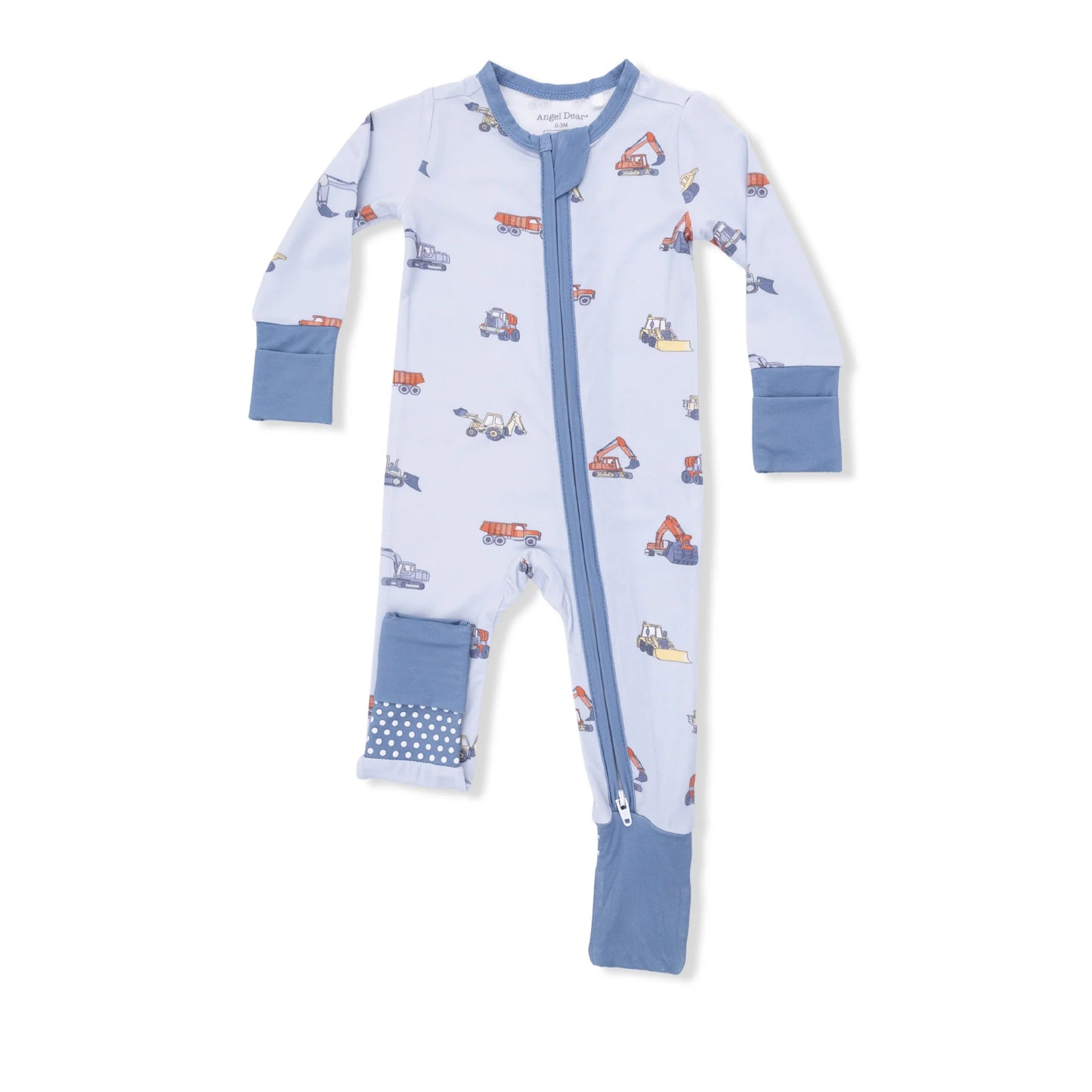 Light blue baby zip romper with construction vehicle print 