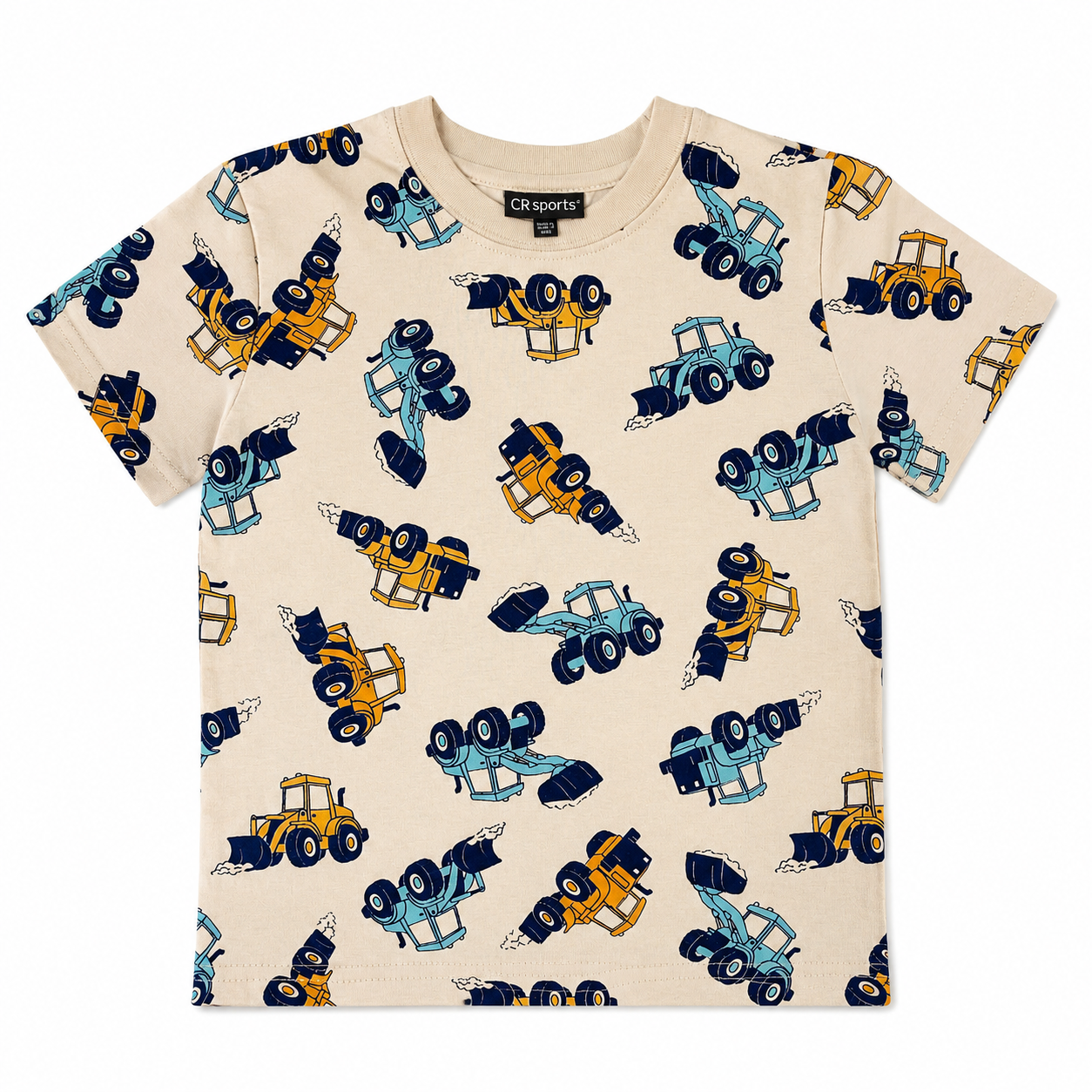 Beige t-shirt with blue and yellow tractor pattern on a white background