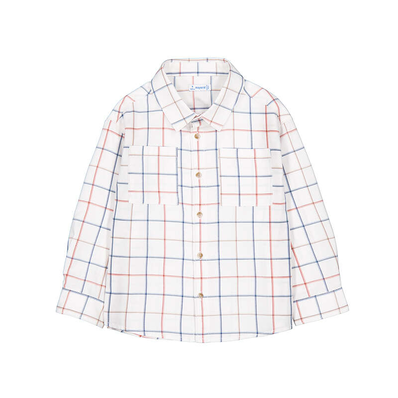 A children's long-sleeve button-up shirt with a white base and a fine red and blue windowpane plaid pattern, shown flat against a white background.