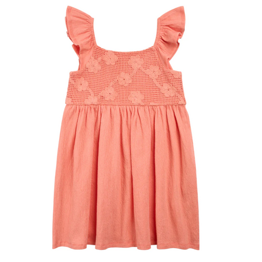 Coral dress with lace detailing on the bodice