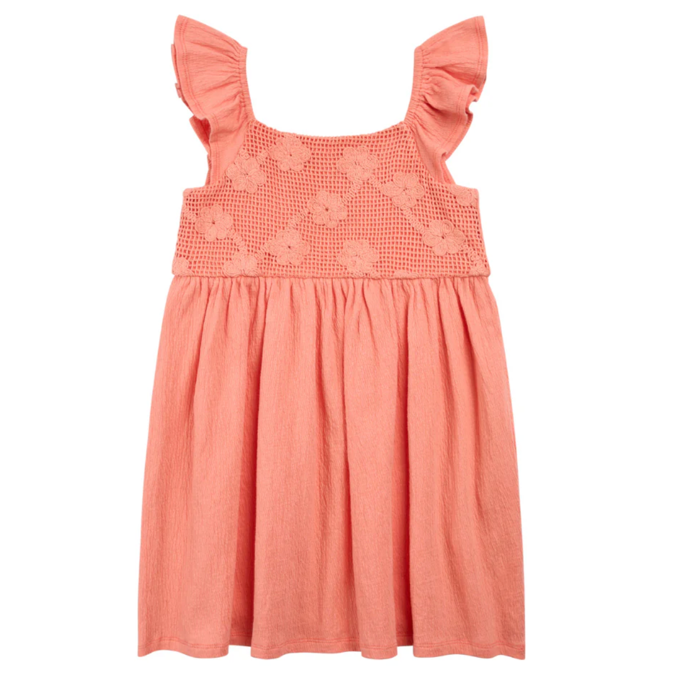 Coral dress with lace detailing on the bodice