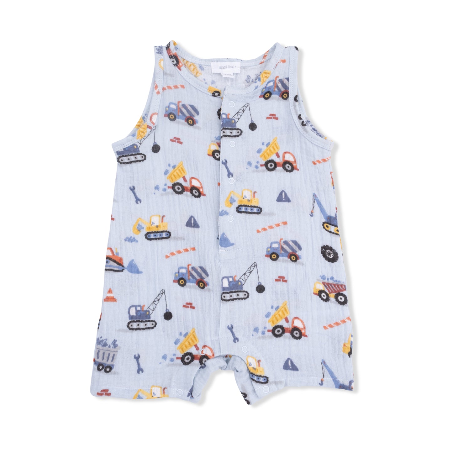 Light blue baby romper with construction vehicle pattern 