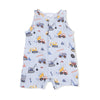 Light blue baby romper with construction vehicle pattern 