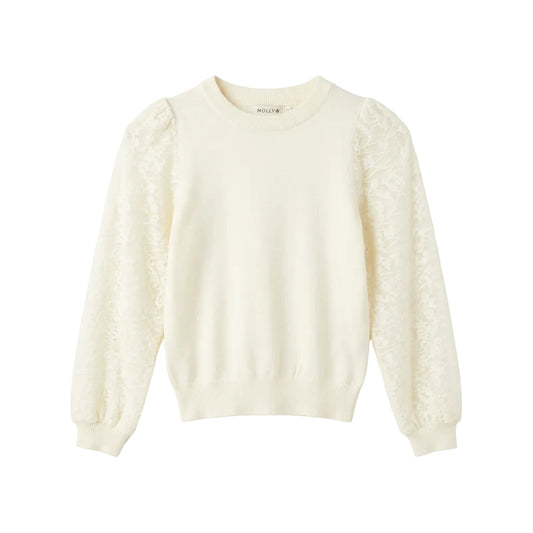 A cream-colored crewneck sweater with textured lace sleeves, 