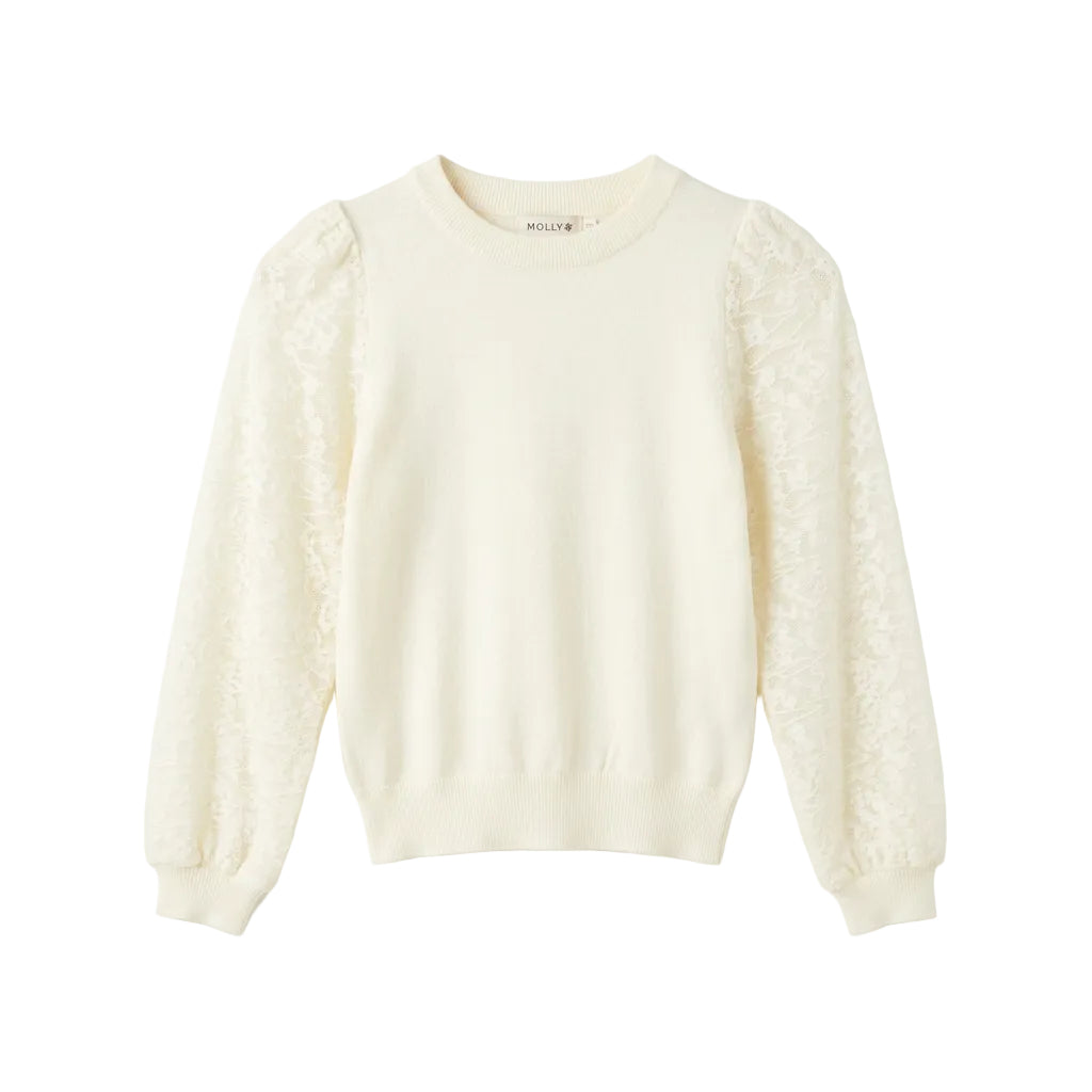 A cream-colored crewneck sweater with textured lace sleeves, 