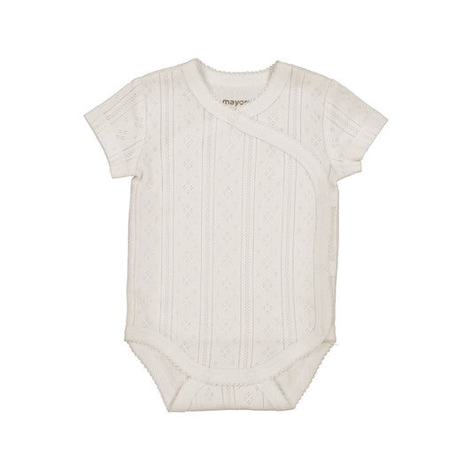 Cream baby bodysuit with 'mayoral' branding on a white background