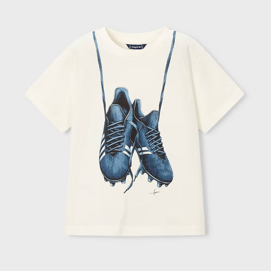 White t-shirt with blue cleats graphic 