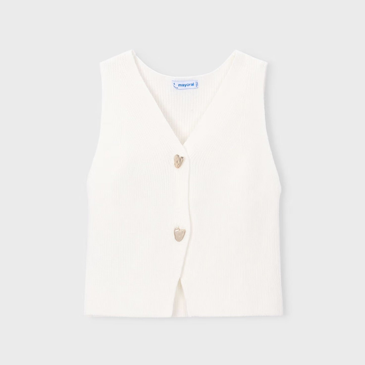 White sleeveless vest with button details on a light gray background
