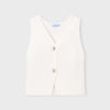 White sleeveless vest with button details on a light gray background