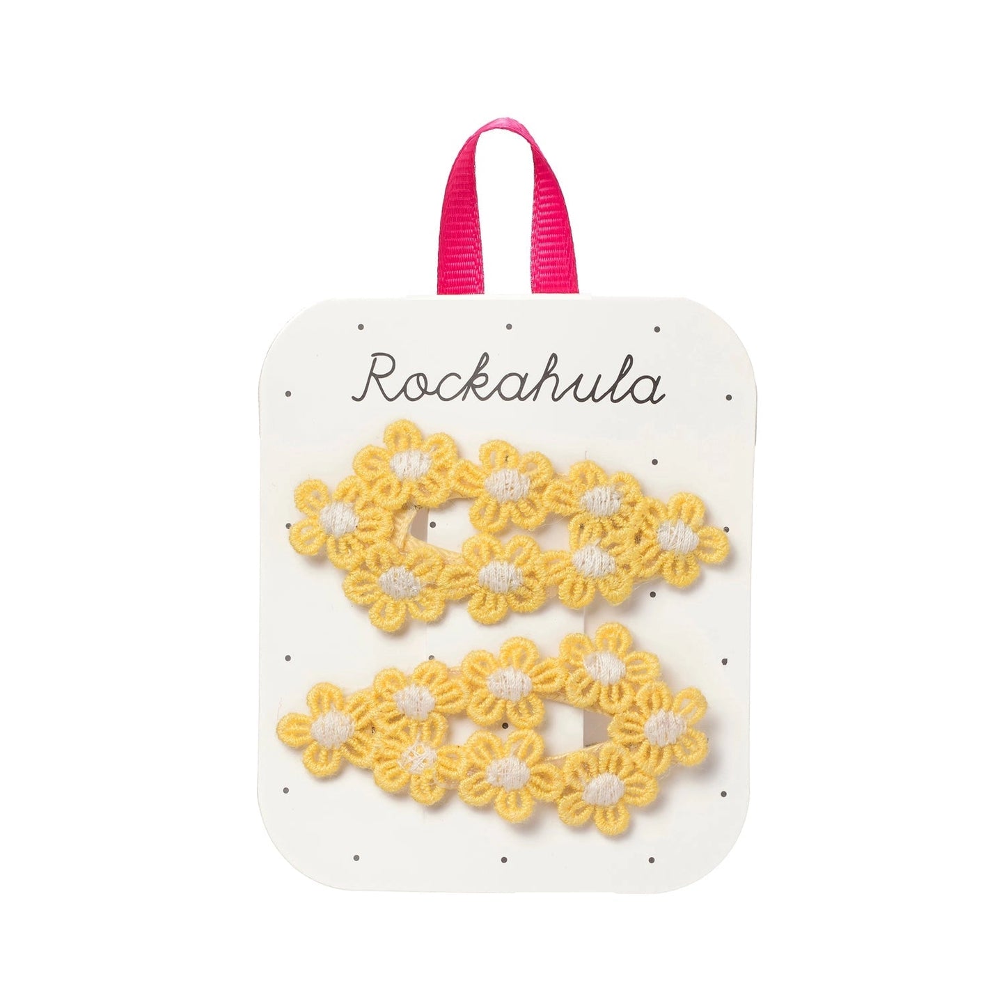 Set of yellow flower-shaped coasters with a pink handle on a Rockahula branded card.