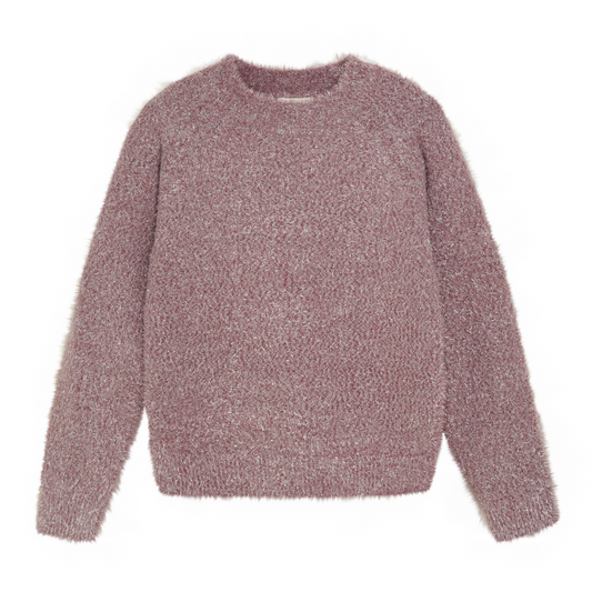 A long-sleeved crushed berry glitter sweater laid flat on a white background.
