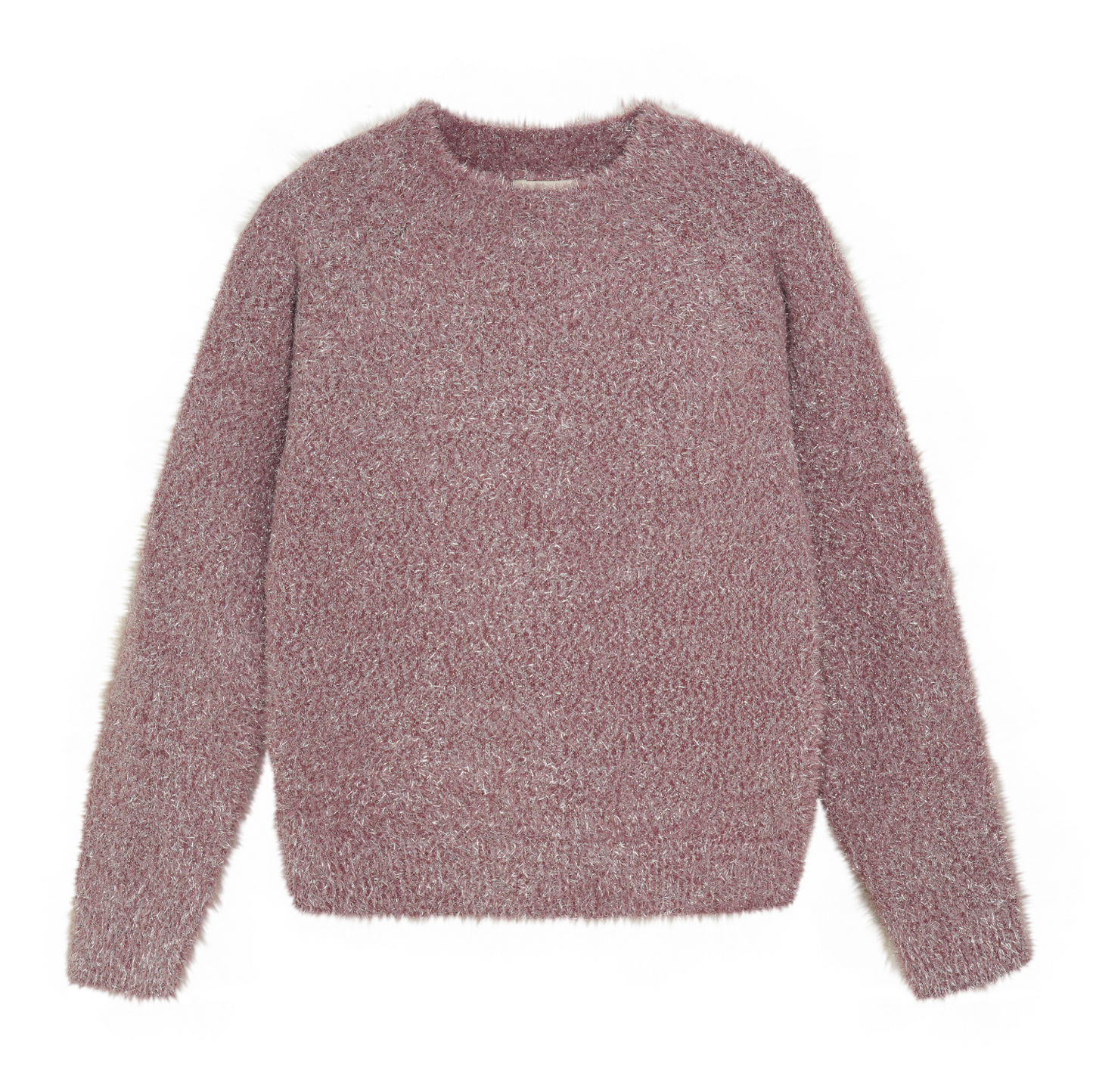 A long-sleeved crushed berry glitter sweater laid flat on a white background.