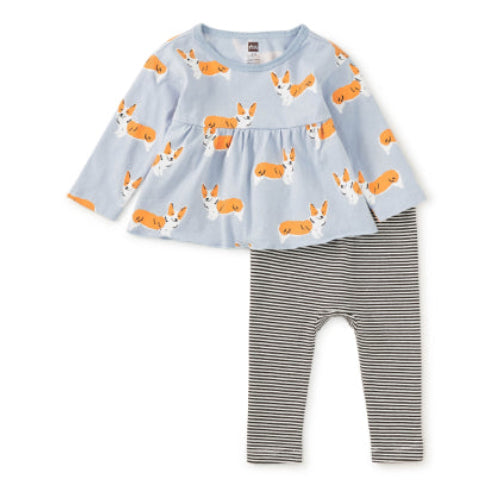 Children's outfit with a blue top and striped pants