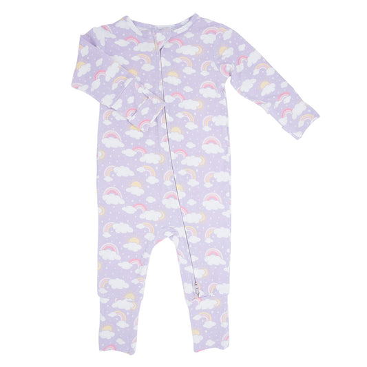 Baby onesie with rainbow and cloud pattern on a light purple background