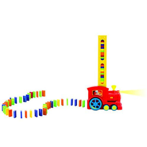 Colorful toy train with domino effect on a white background