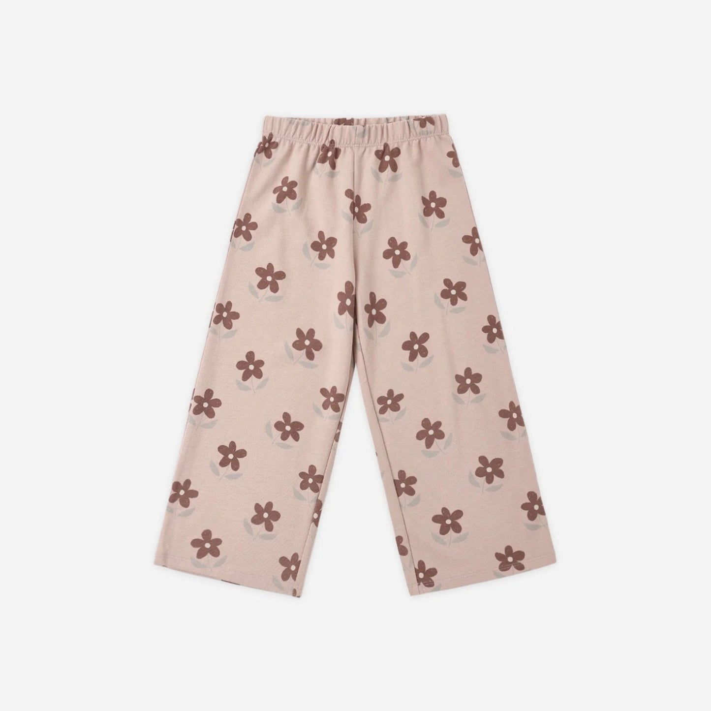 A pair of light pink track pants with an elastic waistband and an all-over flower pattern.