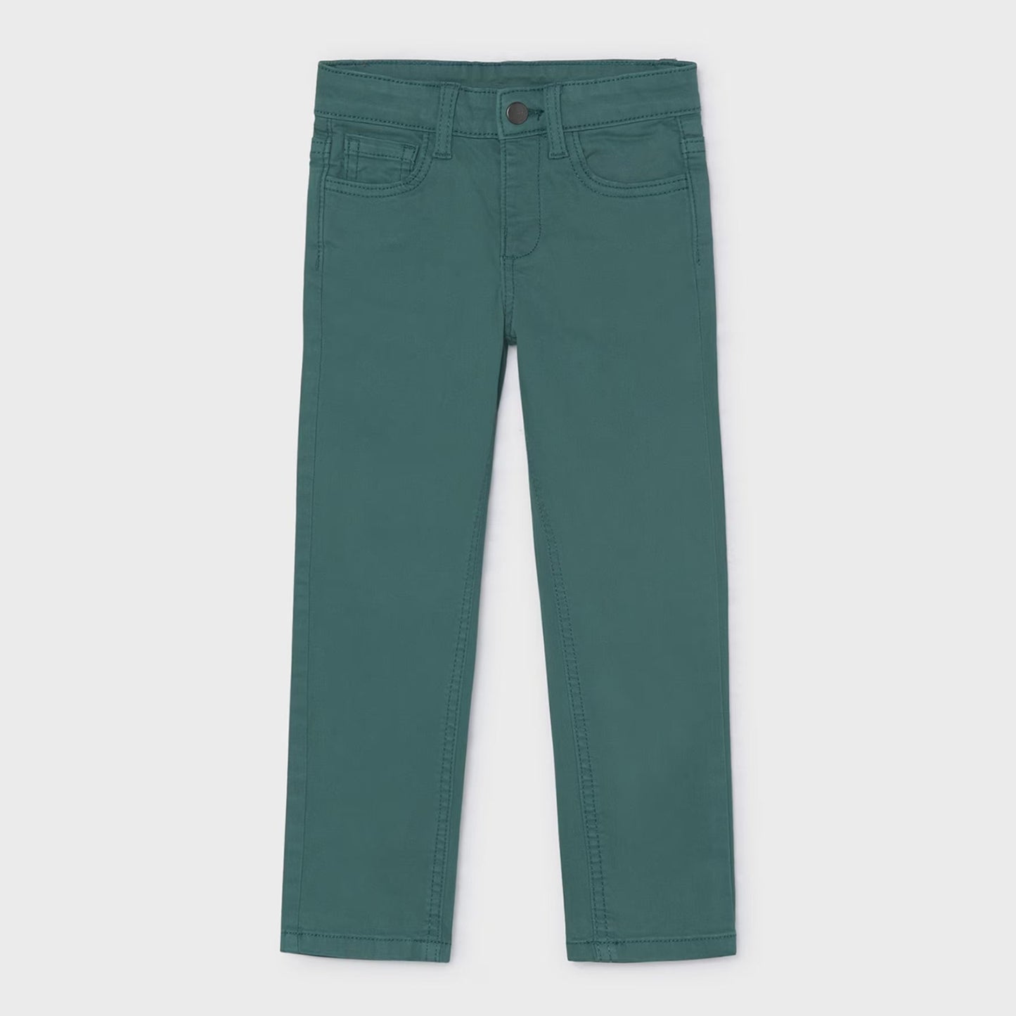 A pair of slim-fit jeans in a muted teal green color, shown flat against a light gray background.