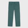 A pair of slim-fit jeans in a muted teal green color, shown flat against a light gray background.