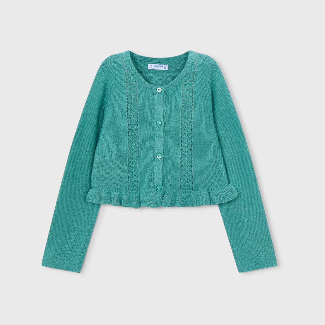 Green knitted cardigan with four buttons